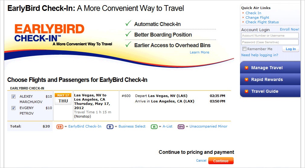 Southwest Early Bird Check-in FAQs Solved: What is the purpose of paying for early bird check-in () and you still board late. At this point we should be able to choose our seats.